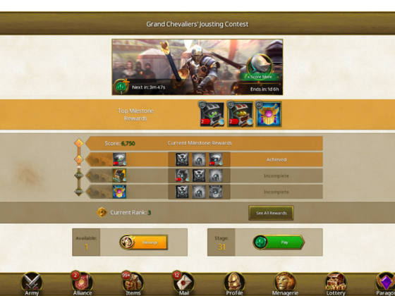 Grand Chevaliers' Jousting Contest - Reaching Rank 3 in Stage 30 - March Of Empires - War Of Lords