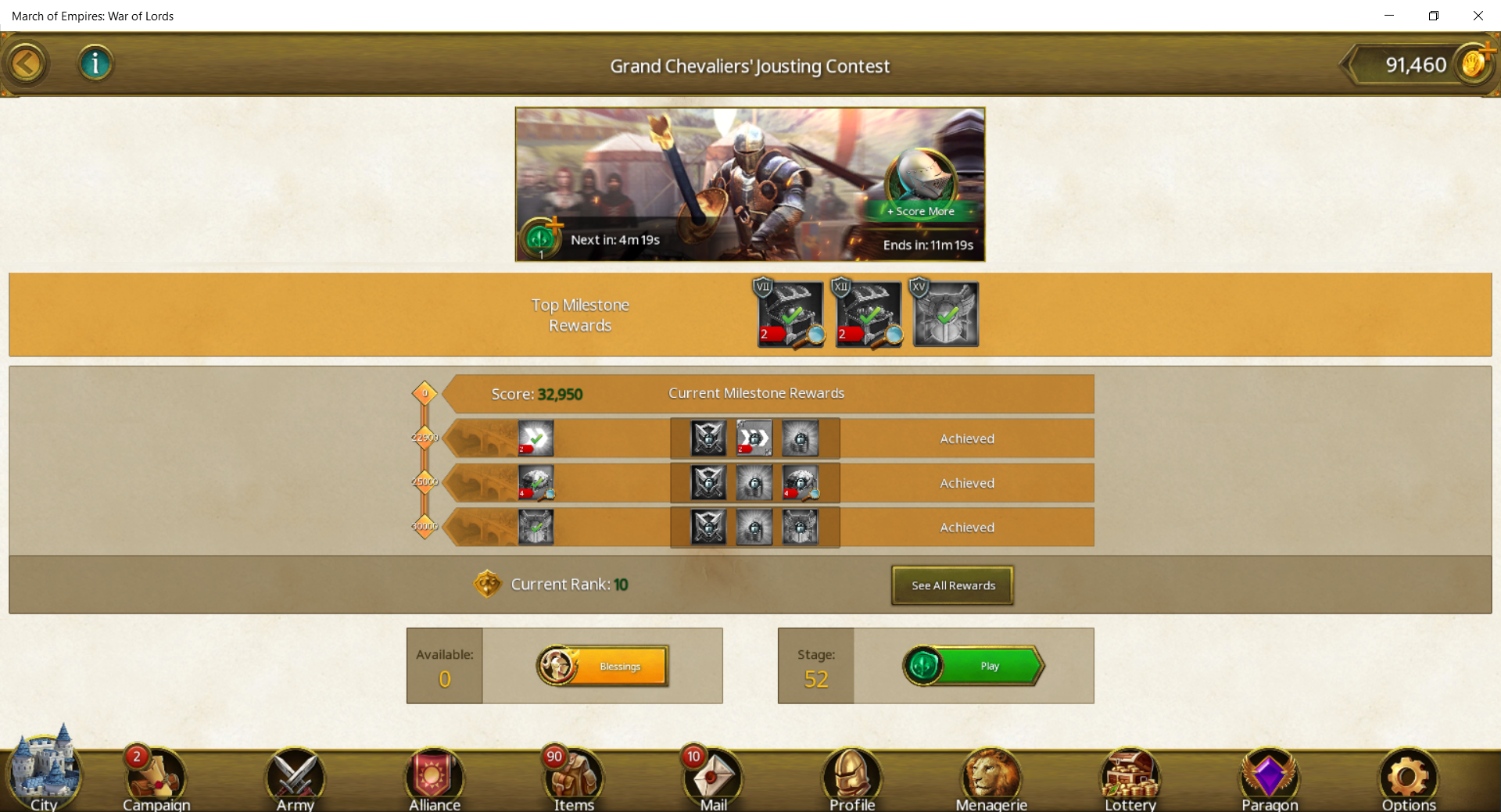 Grand Chevaliers' Jousting Contest - Reaching Rank 10 in Stage 52 - March Of Empires - War Of Lords