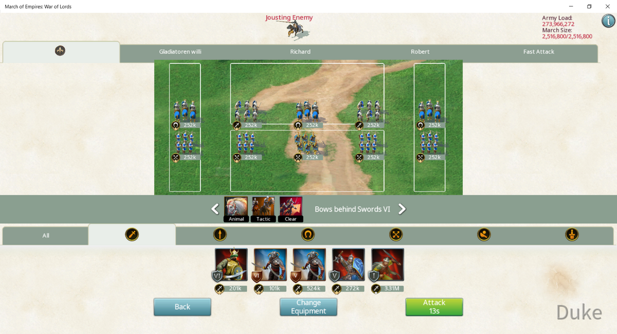 Jousting Tournament - My formation and presets of units and tactic - March Of Empires - War Of Lords